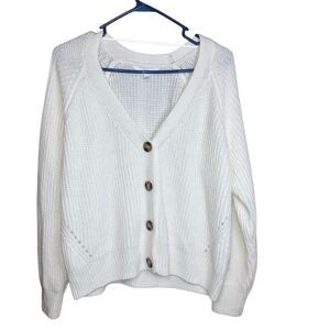Time & Tru White Knit V-Neck Sweater Academia Preppy Collegiate Large #759
